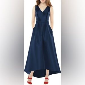 NWT Alfred Sung Satin High/Low Gown in Midnight, Size 10